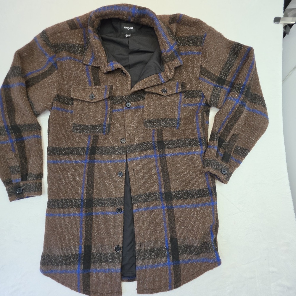 Forever 21 Men Brown Blue Plaid Shirt Jacket Shacket Oversized Large - Picture 4 of 10